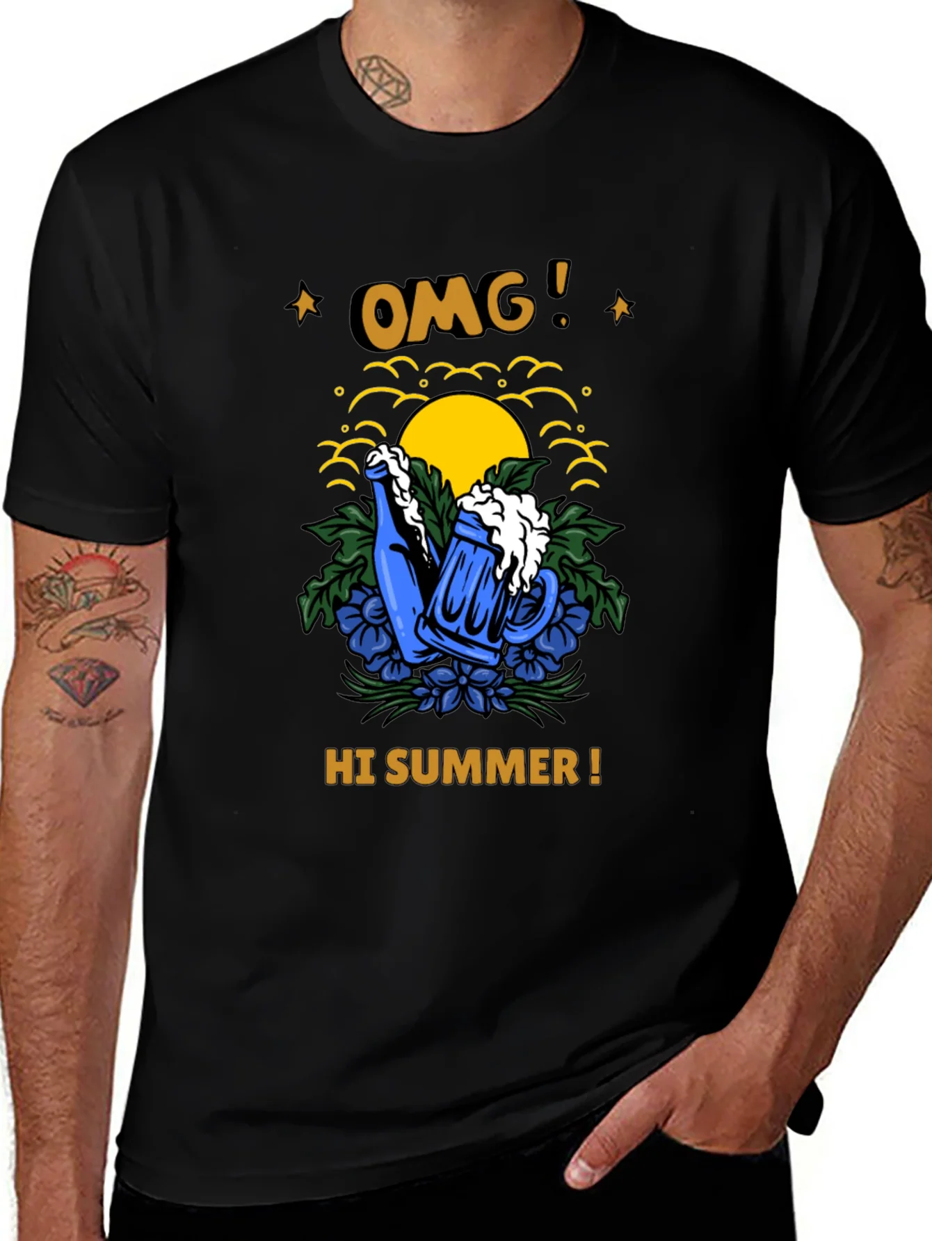 OMG! Hi Summer T-Shirt - Beer Mug & Sunset Graphic Tee